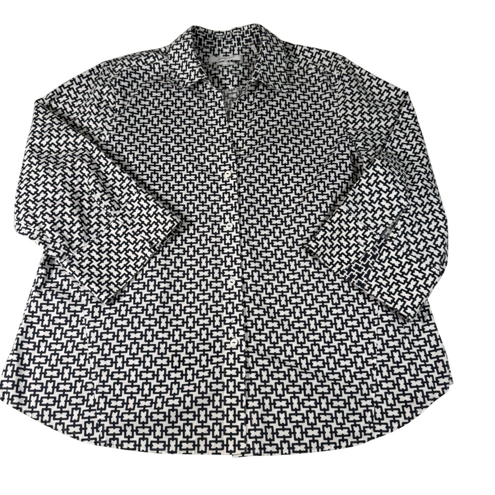 Foxcroft Button Up Shirt Women XXL Black White Cotton Geometric Easy Care Office